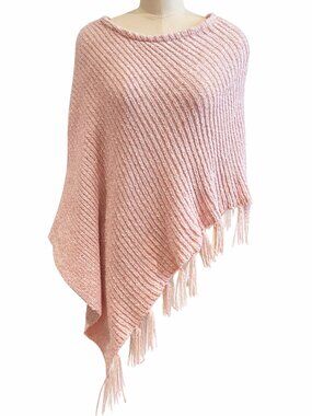 💋 Blush Chenille Knit Poncho w/Fringe ~ Soft Drape, Cozy, One Size